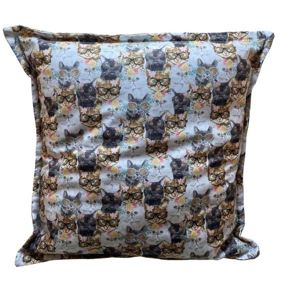 Cat-Themed Pillow Cover With Fun Cat Faces Print & Floral Accents 18" x 18" Doub